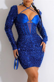 Blue Sexy Patchwork Bandage Sequins Backless Square Collar Long Sleeve Dresses