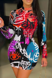 Red Sexy Print Patchwork Half A Turtleneck Pencil Skirt Dresses