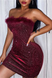 Burgundy Sexy Patchwork Backless Strapless Sleeveless Dress