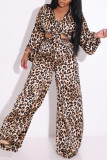 Leopard Print Sexy Print Leopard Bandage Patchwork V Neck Long Sleeve Two Pieces