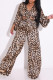 Leopard Print Sexy Print Leopard Bandage Patchwork V Neck Long Sleeve Two Pieces