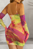 Colour Sexy Print Patchwork Spaghetti Strap Pencil Skirt Dresses
