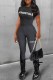 Black Street Print Letter O Neck Short Sleeve Two Pieces