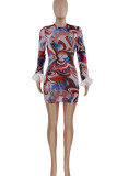 Multicolor Sexy Print Patchwork Feathers O Neck Pencil Skirt Dresses