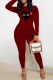 Burgundy Street Print Patchwork O Neck Long Sleeve Two Pieces