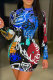 Blue Sexy Print Patchwork Half A Turtleneck Pencil Skirt Dresses