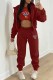 Burgundy Casual Print Patchwork Hooded Collar Long Sleeve Three Pieces