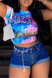 Blue Fashion Casual Print Basic O Neck T-Shirts