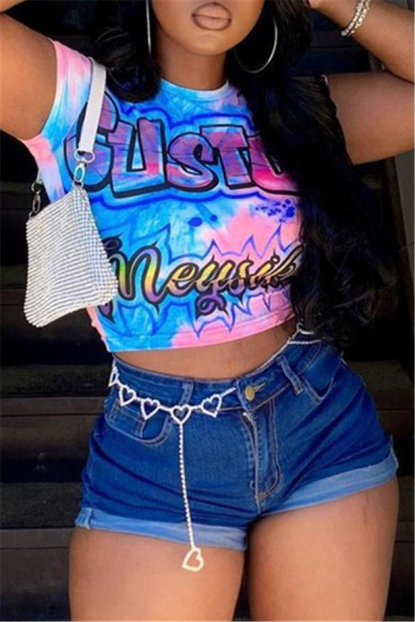 Blue Fashion Casual Print Basic O Neck T-Shirts