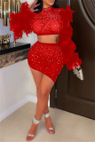 Red Sexy Patchwork Hot Drilling See-through Feathers O Neck Long Sleeve Two Pieces