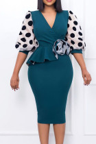 Green Elegant Print Polka Dot Patchwork Flounce V Neck Pencil Skirt Dresses