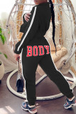 Black Casual Letter Print Patchwork Zipper Collar Long Sleeve Two Pieces