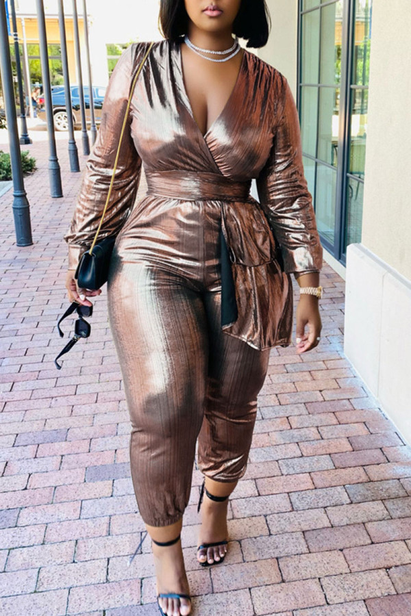 Rose Sexy Solid Patchwork V Neck Regular Jumpsuits