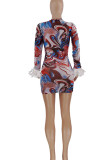 Multicolor Sexy Print Patchwork Feathers O Neck Pencil Skirt Dresses