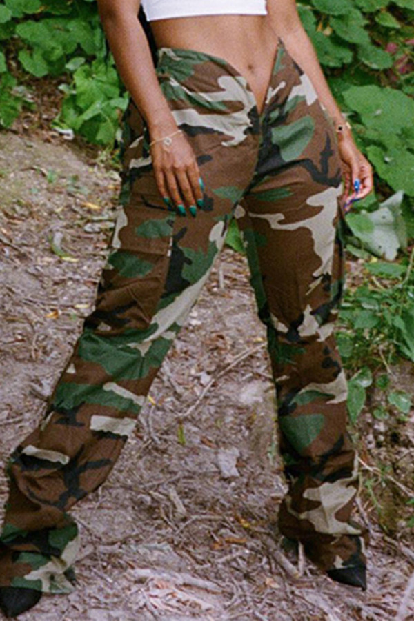Camouflage Casual Camouflage Print Patchwork Regular Low Waist Trousers
