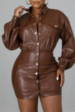 Dark Brown Casual Solid Patchwork Turndown Collar Long Sleeve Dresses