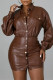 Dark Brown Casual Solid Patchwork Turndown Collar Long Sleeve Dresses