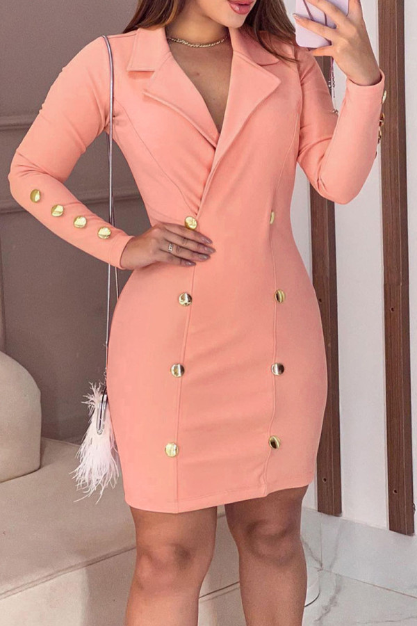 Pink Casual Solid Patchwork Turndown Collar Long Sleeve Dresses