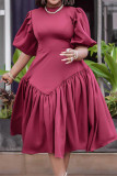 Watermelon Red Casual Elegant Solid Patchwork Fold O Neck Princess Dresses