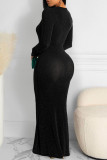 Black Sexy Solid Patchwork V Neck Long Sleeve Dresses
