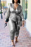Rose Sexy Solid Patchwork V Neck Regular Jumpsuits