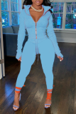 Cyan Casual Solid Draw String Turndown Collar Long Sleeve Two Pieces