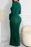 Green Sexy Solid Patchwork V Neck Long Sleeve Dresses