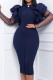 Deep Blue Elegant Solid Patchwork Turndown Collar One Step Skirt Dresses