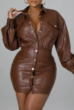 Dark Brown Casual Solid Patchwork Turndown Collar Long Sleeve Dresses
