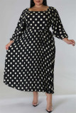 Black Casual Dot Print Patchwork Square Collar Long Sleeve Plus Size Dresses