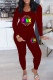 Burgundy Casual Print Patchwork O Neck Long Sleeve Two Pieces