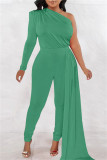Light Green Casual Solid Patchwork Asymmetrical Oblique Collar Skinny Jumpsuits