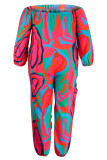 Rose Red Plus Size Sexy Street Print Hollowed Out Cut Out Off the Shoulder Plus Size Jumpsuits