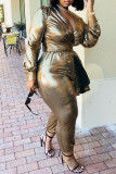 Rose Sexy Solid Patchwork V Neck Regular Jumpsuits