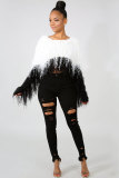 White O Neck Long Sleeve Solid Long Sleeve Tops