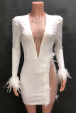 White Sexy Solid Feathers Mesh V Neck Pencil Skirt Dresses