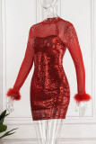 Red Fashion Sexy Patchwork Hot Drilling See-through Feathers Half A Turtleneck Long Sleeve Dresses