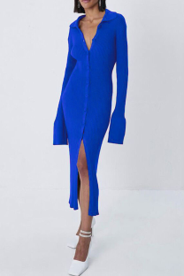 Blue Street Solid Patchwork Turndown Collar Pencil Skirt Dresses