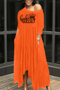 Orange Casual Print Patchwork Asymmetrical O Neck Straight Dresses