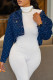 Dark Blue Street Print Letter Turndown Collar Outerwear