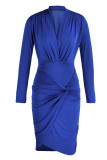 Green Casual Solid Patchwork Fold V Neck Long Sleeve Dresses