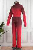 Red Casual Gradual Change Print Patchwork Hooded Collar Long Sleeve Two Pieces