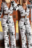 White Sexy Print Bandage Patchwork V Neck Long Sleeve Two Pieces