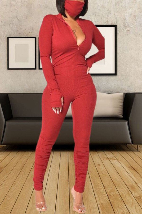 Red Sexy Solid Patchwork Frenulum Buttons Fold O Neck Regular Jumpsuits