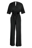 Rose Red Fashion Casual Solid Hollowed Out Patchwork V Neck Regular Jumpsuits