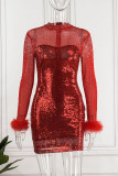 Red Fashion Sexy Patchwork Hot Drilling See-through Feathers Half A Turtleneck Long Sleeve Dresses
