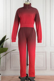 Red Casual Gradual Change Print Patchwork Hooded Collar Long Sleeve Two Pieces