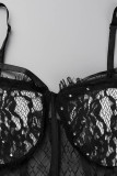 Black Sexy Patchwork See-through Slit Long Sleeve Two Pieces
