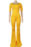 Yellow street Solid Knitting Short Sleeve one word collar Jumpsuits