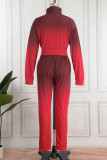 Red Casual Gradual Change Print Patchwork Hooded Collar Long Sleeve Two Pieces